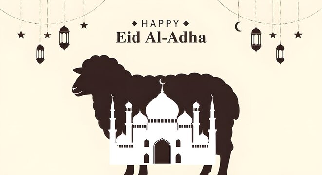 Creative Eid al-Adha Poster Featuring a Large Sheep Silhouette Containing a White Mosque Inside with Hanging Stars and Lanterns on a Soft Cream Background for the Festival of Sacrifice.
