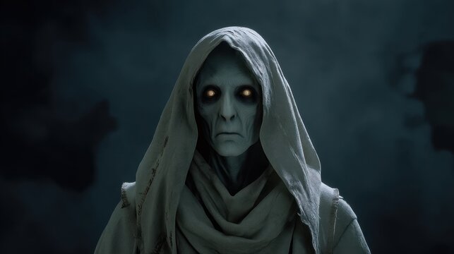 Mysterious Hooded Figure with Pale Skin and Striking Topaz Eyes Amidst a Dark Atmosphere