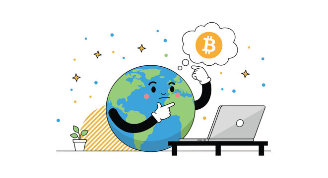 Cute planet earth cartoon character sitting at laptop and thinking about bitcoin cryptocurrency with thought bubble and stars.