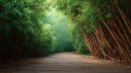 Fototapeta premium Serene Bamboo Pathway Through Lush Green Foliage Inviting Tranquility and Nature's Beauty in a Peaceful Environment