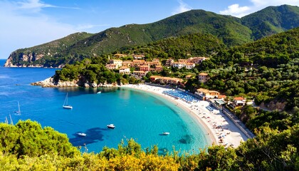 Fototapeta premium Scenic coastal village nestled in a cove, featuring sandy beach, turquoise water, surrounding lush green hills under blue sky with scattered clouds