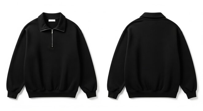 Black quarter zip pullover sweatshirt with collar and zipper studio isolated front and back view
