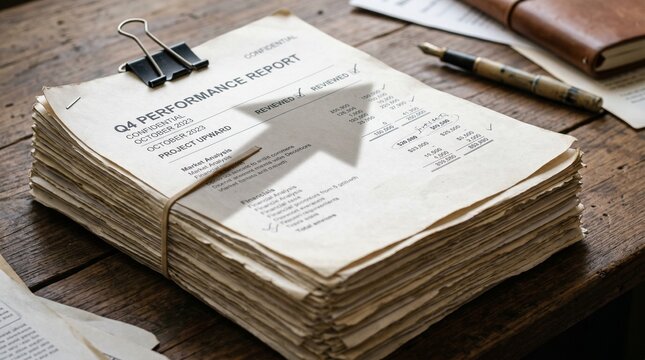 Stack of confidential q4 performance reports tied with string on wooden desk with pen and notebook