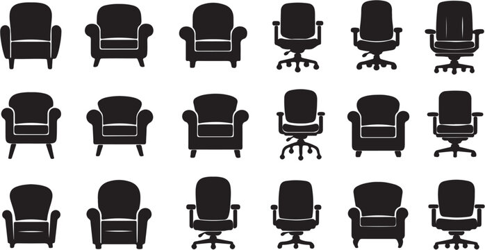 Collection of various chair silhouettes including armchairs and office chairs.