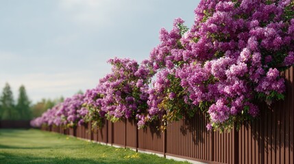 Obraz premium Lush Blossom-Heavy Fence Line in Springtime with Vibrant Purple Flowers and Green Grass Under Clear Sky