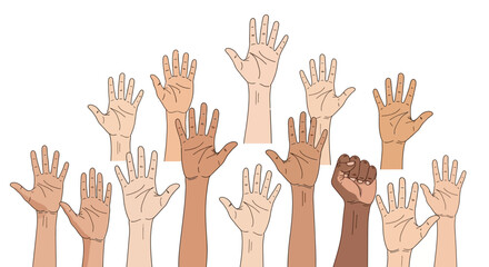 Fototapeta premium Diverse Hands Raised Upwards, Voting, Participation, Unity, Community, Different Skin Tones