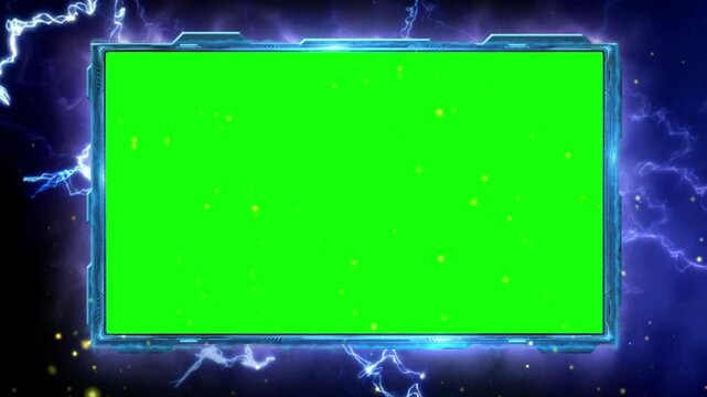 A vibrant green screen display is framed by a futuristic, glowing blue sci-fi border, showcasing a spectacular burst of golden fireworks in the center.