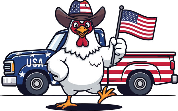 Patriotic Chicken Mascot with American Flag Cartoon Vector Illustration