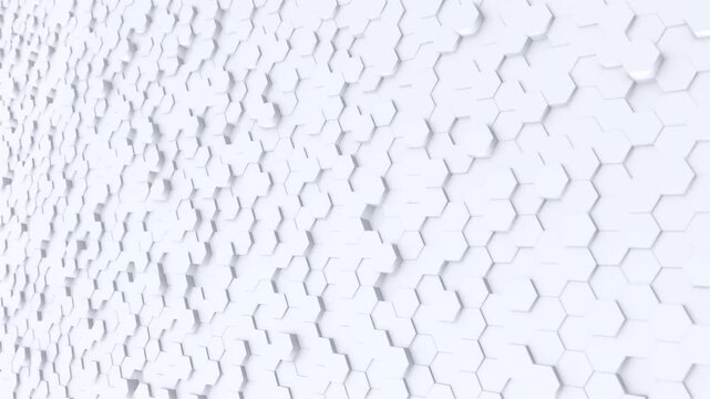 White Hexagon Geometric Pattern Abstract minimal geometric surface with soft shadows depth creating modern futuristic design. Perfect for technology visuals, corporate backgrounds or clean layouts.