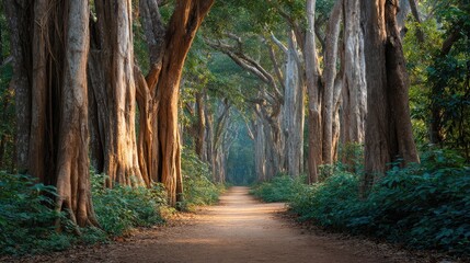 Fototapeta premium Lush and Serene Forest Path Surrounded by Majestic Trees and Green Foliage Beneath a Soft Morning Light Creating a Peaceful Atmosphere
