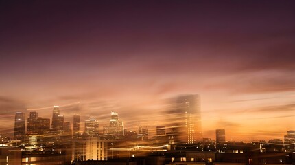 Fototapeta premium Abstract city skyline at sunset with motion blur, urban cityscape with long exposure light trails, purple and orange twilight sky over downtown buildings