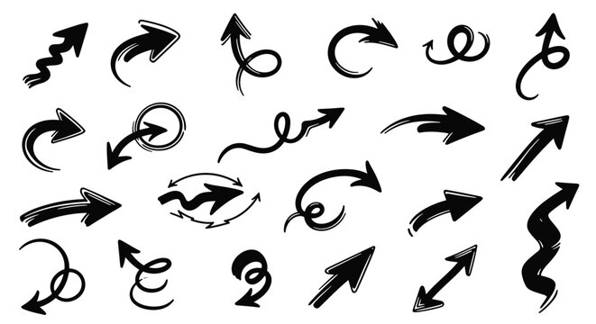 Wide variety of hand drawn brush stroke arrows in different shapes and directions for creative graphic design projects.