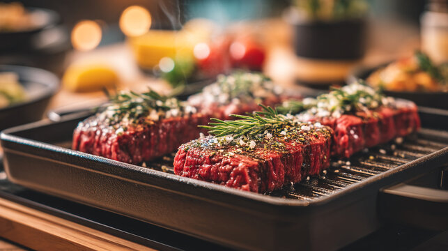Raw beef steaks seasoned with rosemary herbs on a cast iron griddle pan rosemary seasoning