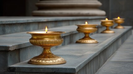 Golden oil lamps flicker gently on stone steps, creating a warm and inviting ambiance in a serene and tranquil outdoor setting, perfect for calming scenes