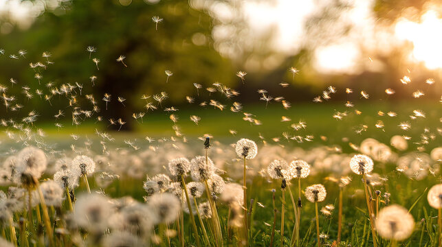 dandelion. Dandelion seeds dispersing on the wind against a soft green background. gardening catalogs, home-decor guides, designed for home decor and floral branding, used by bi analysts.
