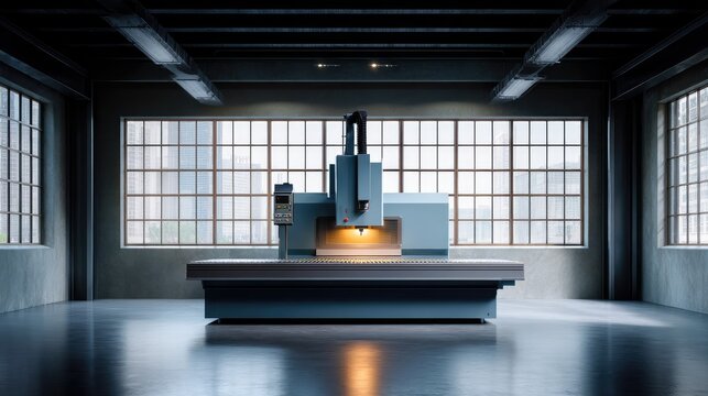 Modern Industrial CNC Machine in Bright Workshop with Large Windows for Precision Engineering and Manufacturing Applications