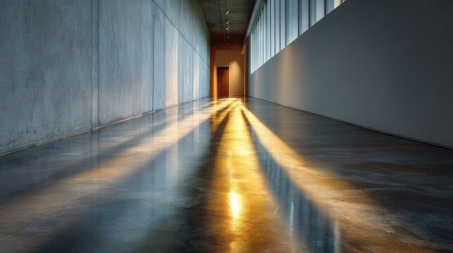 Minimalist interior corridor with reflections of sunlight illuminating polished concrete floor and modern architecture design elements in a spacious environment