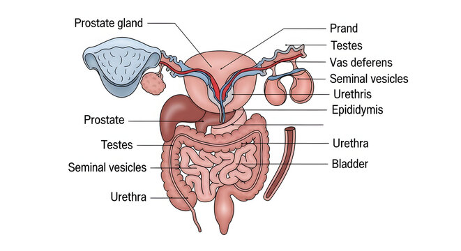 Diagram illustrating the male reproductive and urinary systems including the prostate, testes, seminal vesicles, vas deferens, epididymis, bladder, and urethra