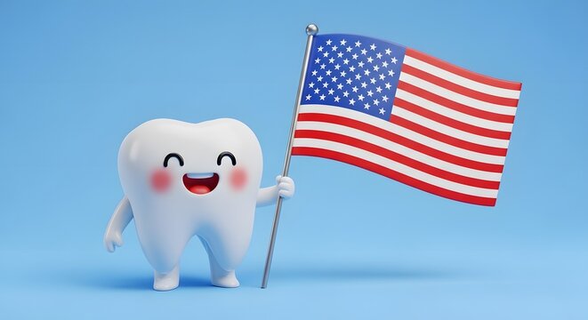 Patriotic tooth a smiling tooth character waving the american flag