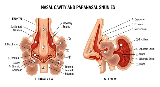 Detailed anatomical diagram of the human nasal cavity and paranasal sinuses, featuring comprehensive frontal and sagittal views to illustrate the complex internal structures