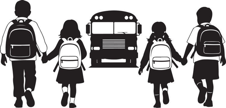 School children walking with backpacks, holding hands, school bus silhouette, kids education, back to school