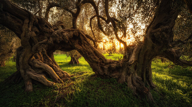 bark. Ancient olive tree with twisted, powerful branches under the golden light of sunset, deep shadows. inspiring travel planning, gardening catalogs, designed for gardening and botanical catalogs.
