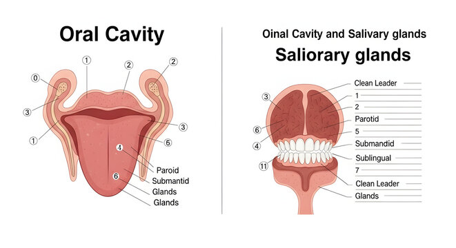 Detailed anatomical illustration of the human oral cavity, showcasing the tongue, teeth, palate, and the key parotid, submandibular, and sublingual salivary glands
