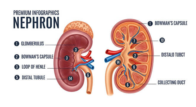 Detailed educational illustration of human kidney and nephron anatomy, highlighting key internal structures like glomerulus, Bowman's capsule, and tubules within the excretory system
