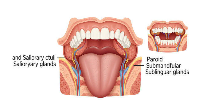 Detailed anatomical diagram illustrating the human oral cavity, tongue, and major salivary glands, highlighting their location and interconnected structures within the mouth