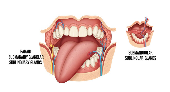 Detailed anatomical illustration of the human oral cavity, highlighting the major salivary glands parotid, submandibular, and sublingual, crucial for digestion and oral health