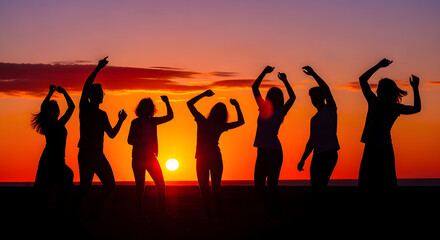 Fototapeta premium Silhouettes of friends dancing on the beach at sunset 