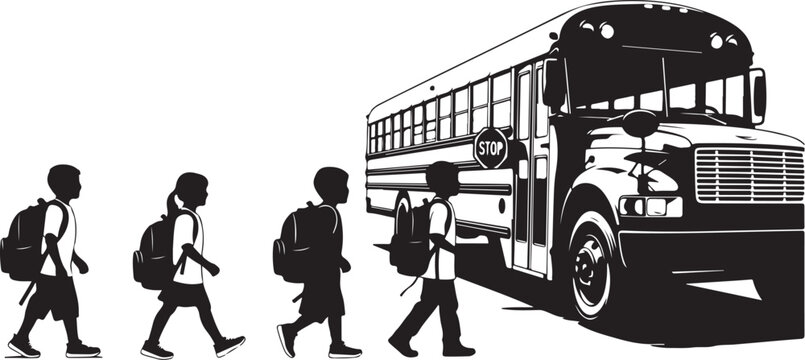 School bus, kids walking, black silhouette, vector illustration, education transport