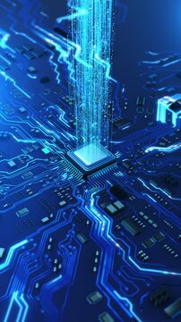 Futuristic AI Accelerated Chip Connection. Next Generation Microchip Activating Powering Up System. High Performance GPU For Generative Artificial Intelligence Computing. Futuristic CPU Processor Chip