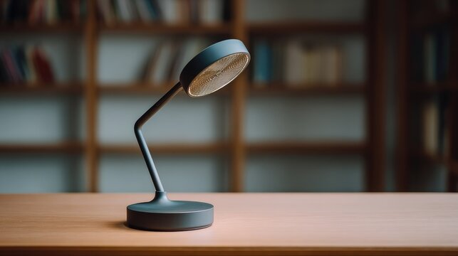 Modern desk lamp with sleek design illuminating workspace on wooden table in cozy library setting, perfect for studying and reading tasks