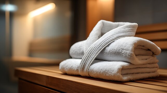 Clean white bathrobe neatly folded on a wooden bench in a luxury sauna.