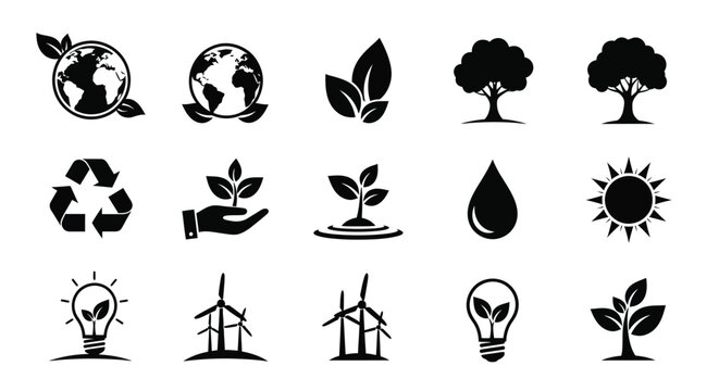 Diverse collection of black and white eco friendly icons representing sustainability nature and renewable energy sources including globes with leaves recycling symbols trees water