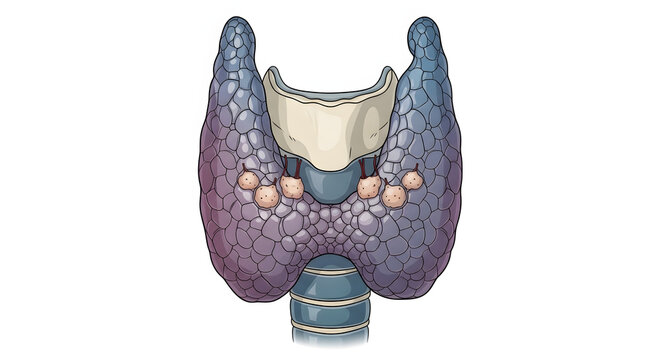 Medical illustration detailing the human thyroid and parathyroid glands, essential parts of the endocrine system regulating metabolism and calcium balance