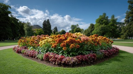 Obraz premium Beautiful Flower Bed in Park with Colorful Blooms in Springtime under Cloudy Sky and Lush Green Grass in Urban Garden Setting