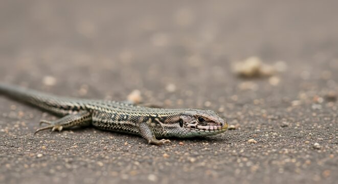 Detailed Macro Photograph of a Common Lizard Resting on Asphalt Surface, Showcasing Intricate Scales and Natural Camouflage