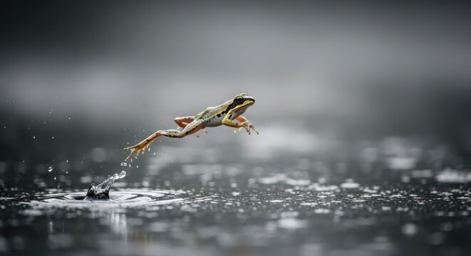 Agile frog caught mid-leap over water, captured in a dynamic macro shot showing motion and splash