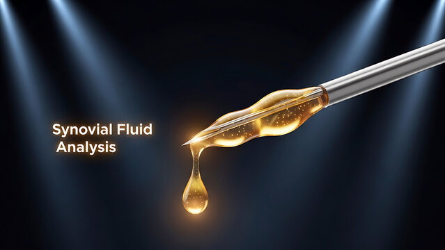 A medical professional analyzes synovial fluid dropping from a syringe in a laboratory setting with a focused beam of light on the sample.