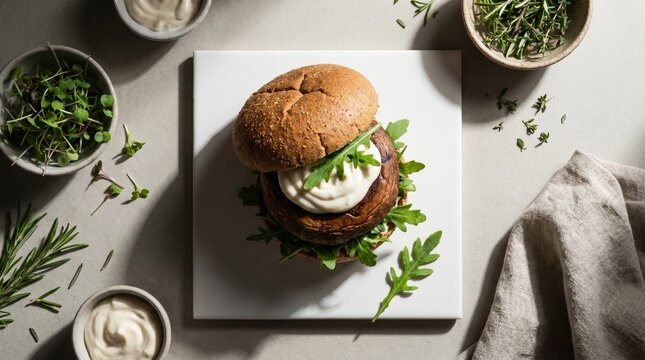Healthy Plant-based Food Us Uk Stacked Portobello Mushroom Burger with Vegan Mayo, Aru