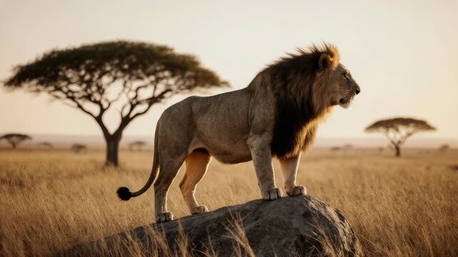 Majestic lion standing atop large stone, roaring, dry grass foreground, on golden sunset light background, dramatic savannah scene, 4K video