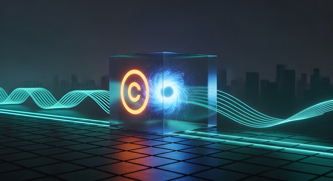 Protecting intellectual property and digital rights with a glowing copyright symbol in a futuristic cube