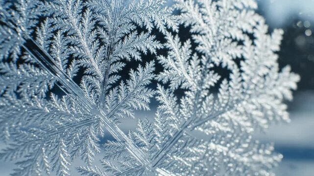 Close-up of delicate frost patterns on a window, resembling fern leaves, winter abstract