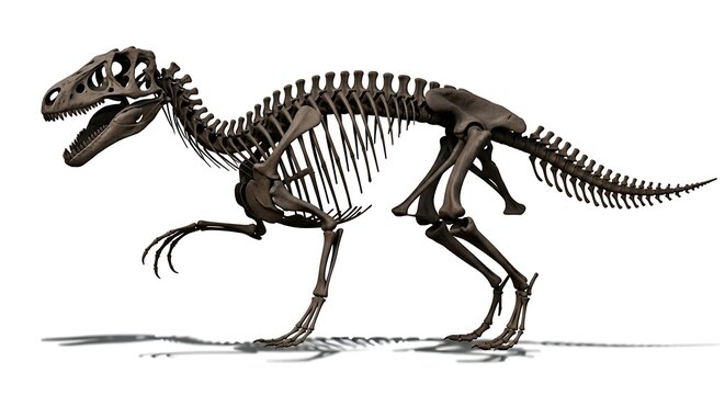 Detailed illustration of a complete dinosaur skeleton, showcasing its ancient predatory form and bone structure.