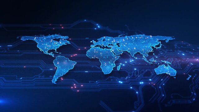 Global network data technology connectivity exchange of information 3D Animation, World map Futuristic user interface HUD GUI digital text number element for cyber technology dark and grain processed