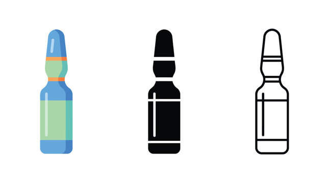 Medical glass ampoule icon set for vaccine or medication storage liquid dosage container.