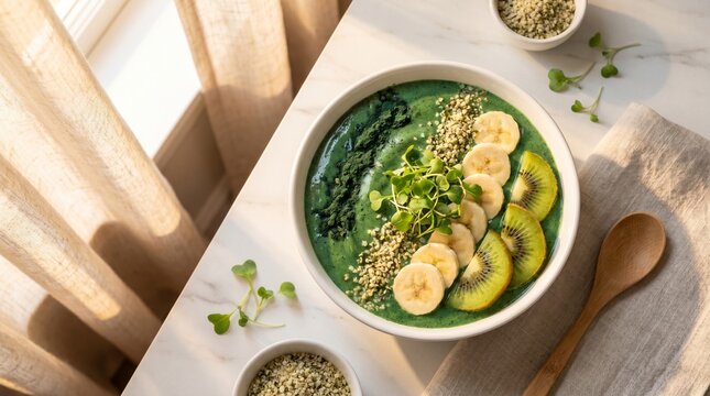 Healthy Plant-based Food Us Uk Vibrant Green Smoothie Bowl with Spirulina, Banana, Kiw