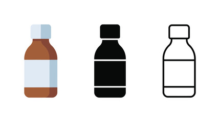 Obraz premium Medicine bottle icon set showing flat color solid black and outline graphic line style.
